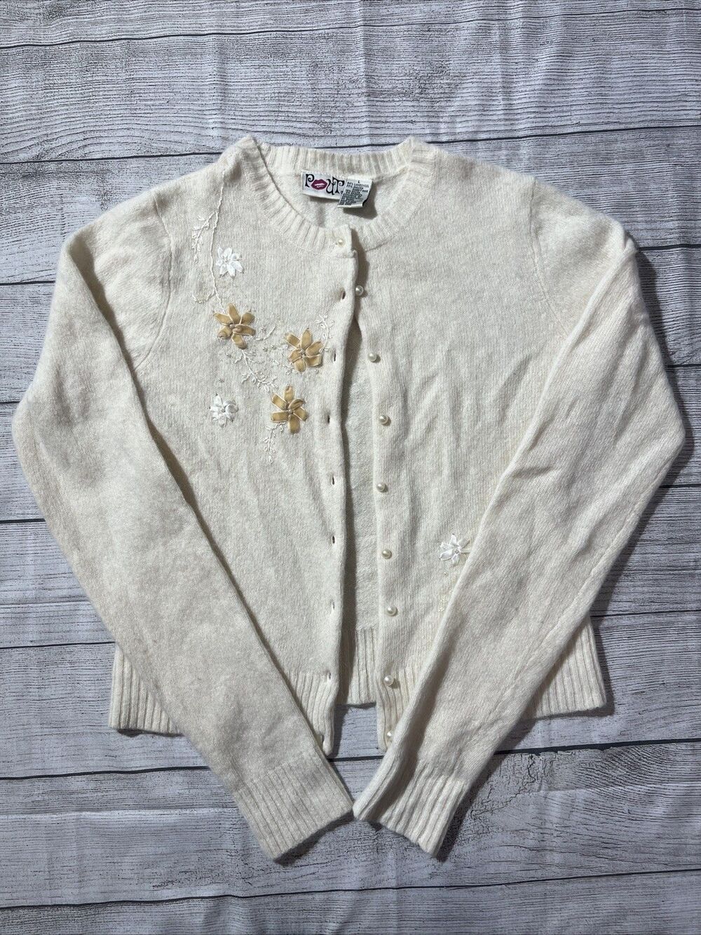 Vtg Pout Beaded Cream Cardigan Lambswool & Angora Rabbit Fur Blend Sz L